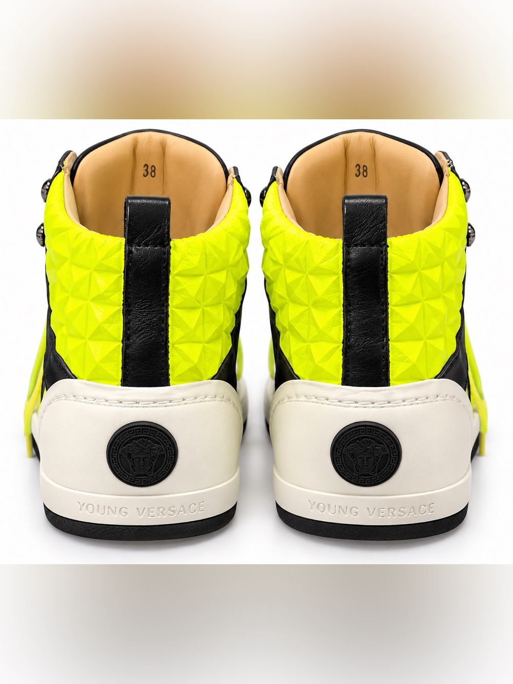 Versace Young Black Leather High-Top Sneakers with Neon Yellow Laces - Picture 8 of 9